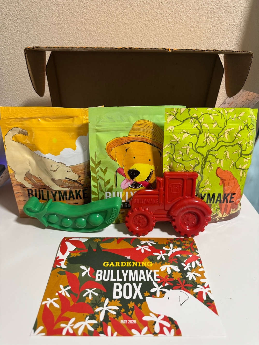 NEW BullyMake May 2026 Box -  Red Tractor and Green Pea, 3 treat bags.